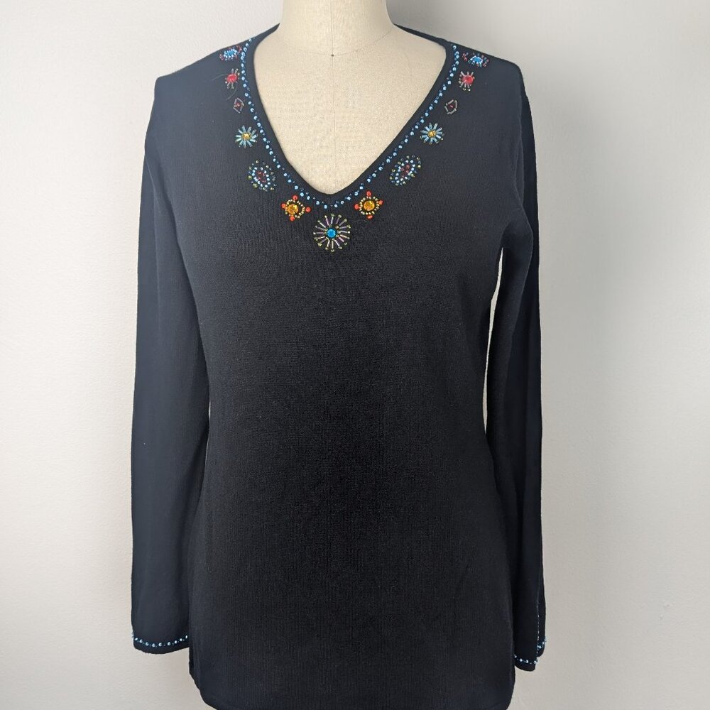 Black V Neck Sweater Beaded Tunic Blouse Boho Women's Fashion Pierre Cardin Top